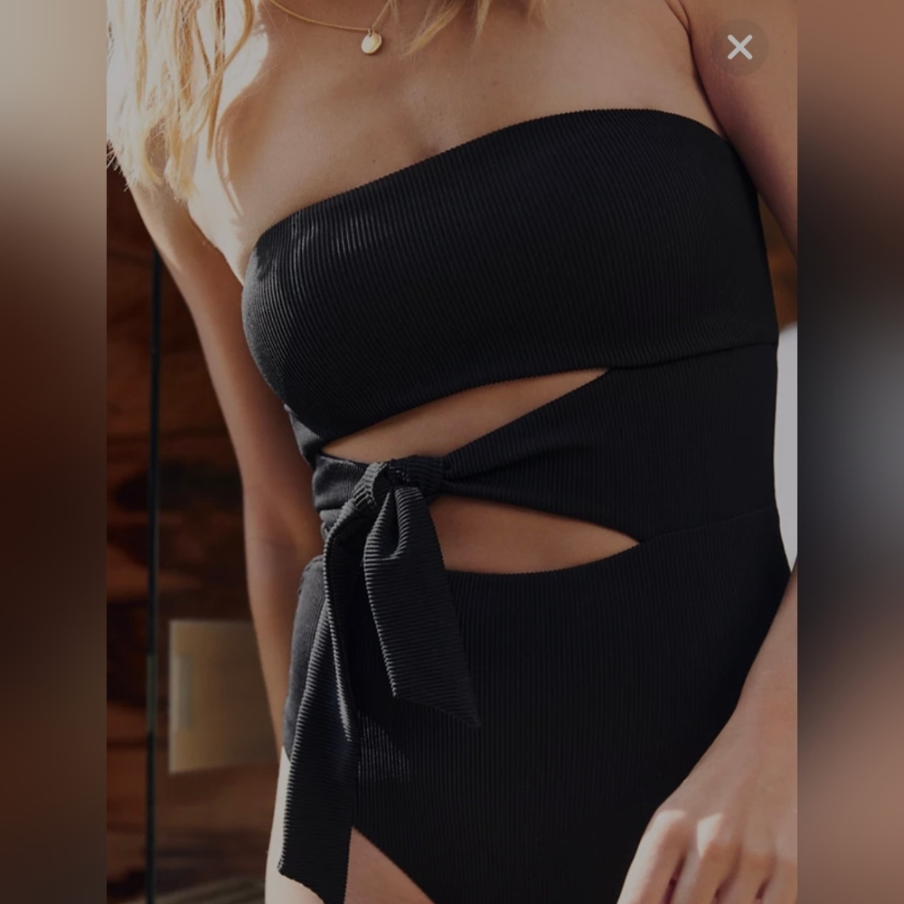 Aerie Strapless Ribbed Wrap One Piece Swimsuit XL Black